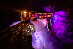Puffing Billy Train of Lights traverses the trestle bridge over Cockatoo Creek. The locomotive, carriages and surrounding bush are illuminated in pink hues.