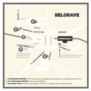 Map of the different parking locations available for Puffing Billy Railway passengers in Belgrave.