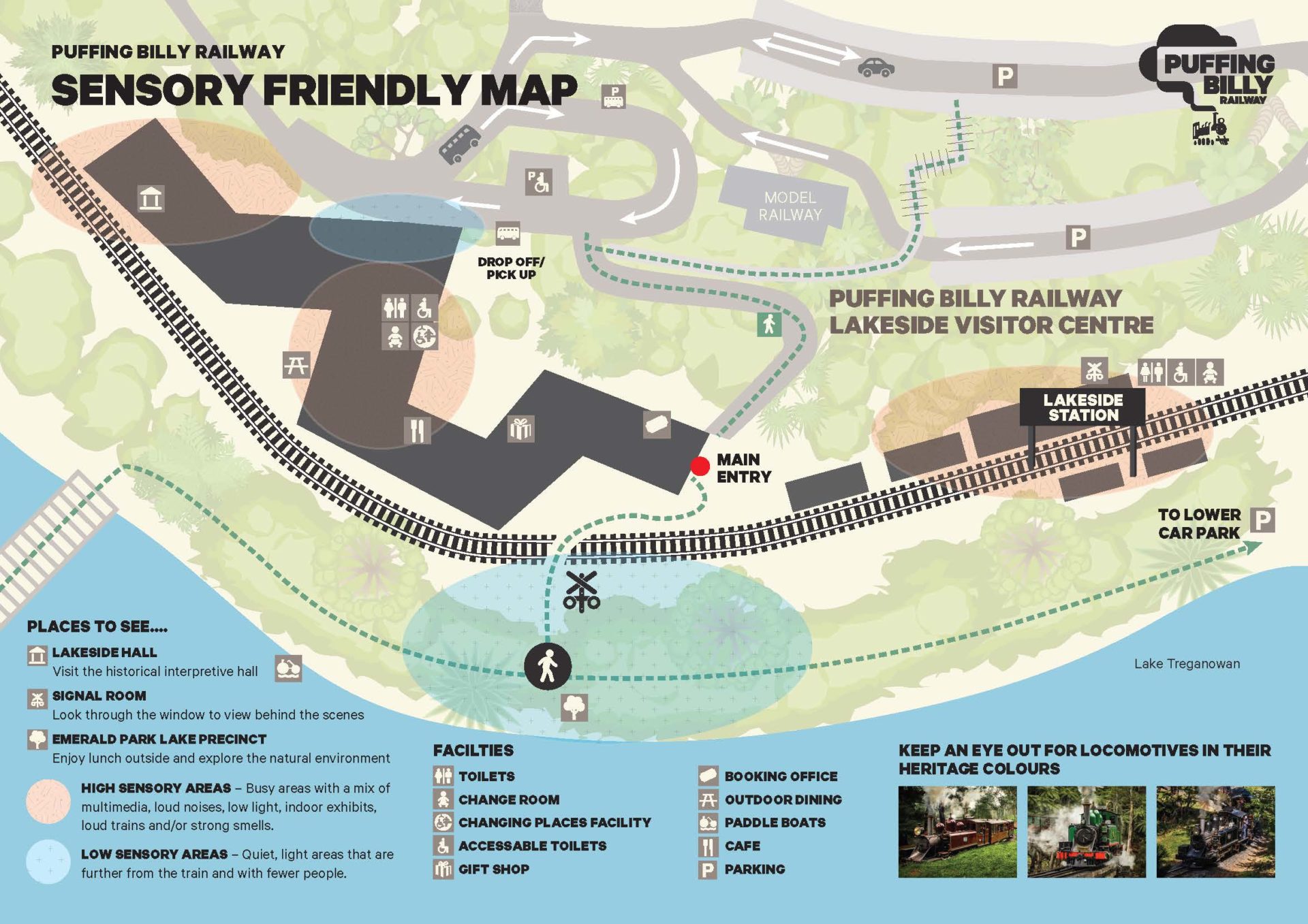 Map of the Lakeside Visitor Centre and surrounding area, highlighting low sensory and high sensory areas as well as parking, access and facilities.. 