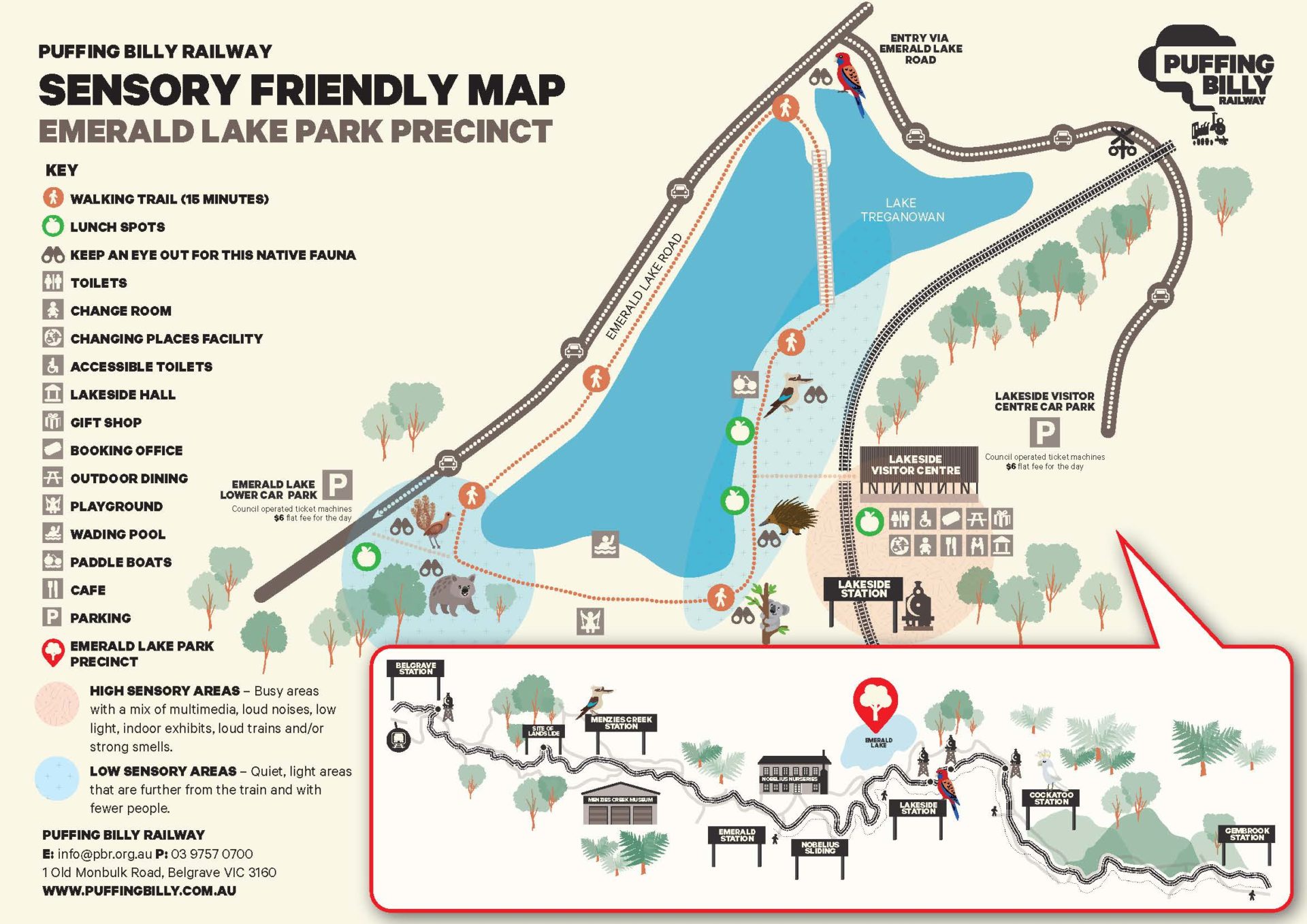 Map of the Emerald Lake Park Precinct, showing low sensory and high sensory areas, facilities, parking and access. 