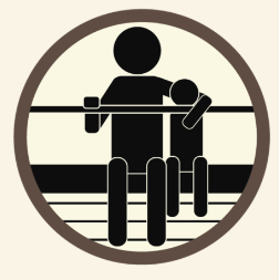 Pictogram showing that children aged between 4-13 years of age need to be held by a guardian when sitting on the carriage sill. The pictogram shows the adult sitting next to the child, holding on to the bar of the carriage with one hand while holding onto the child next to them with the other.