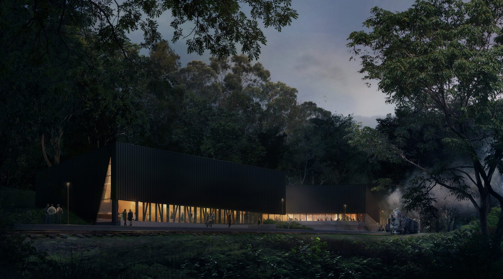 Render showing Puffing Billy Lakeside Visitor Centre - External view from Emerald Lake