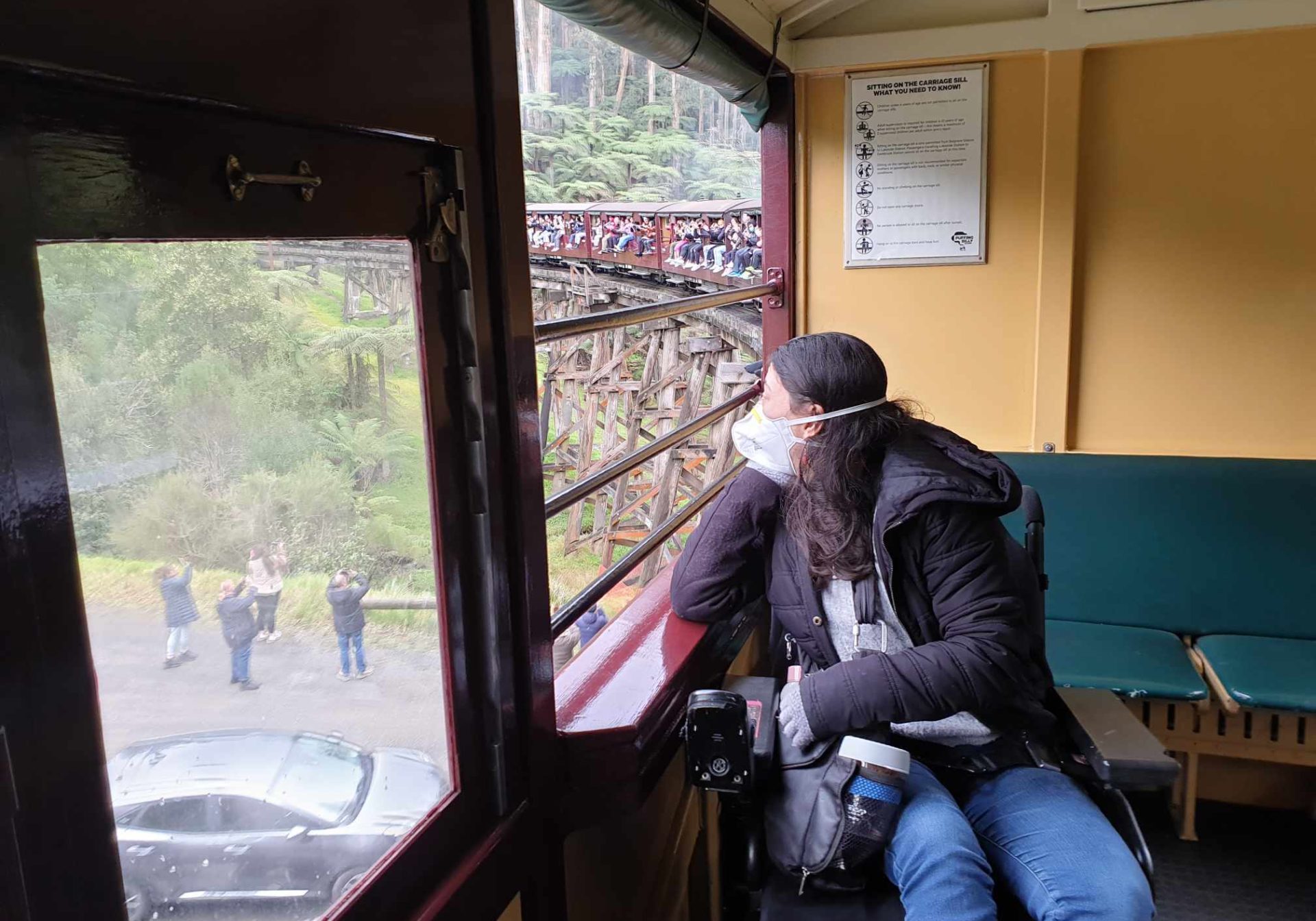 Young woman in a motorised wheelchair sits in one of Puffing Billy's accessible open side carriages. The train is travelling over a trestle bridge and green ferns can be seen outside. The young woman has warm clothes on and is wearing a face mask, and it looking out at the scenery.