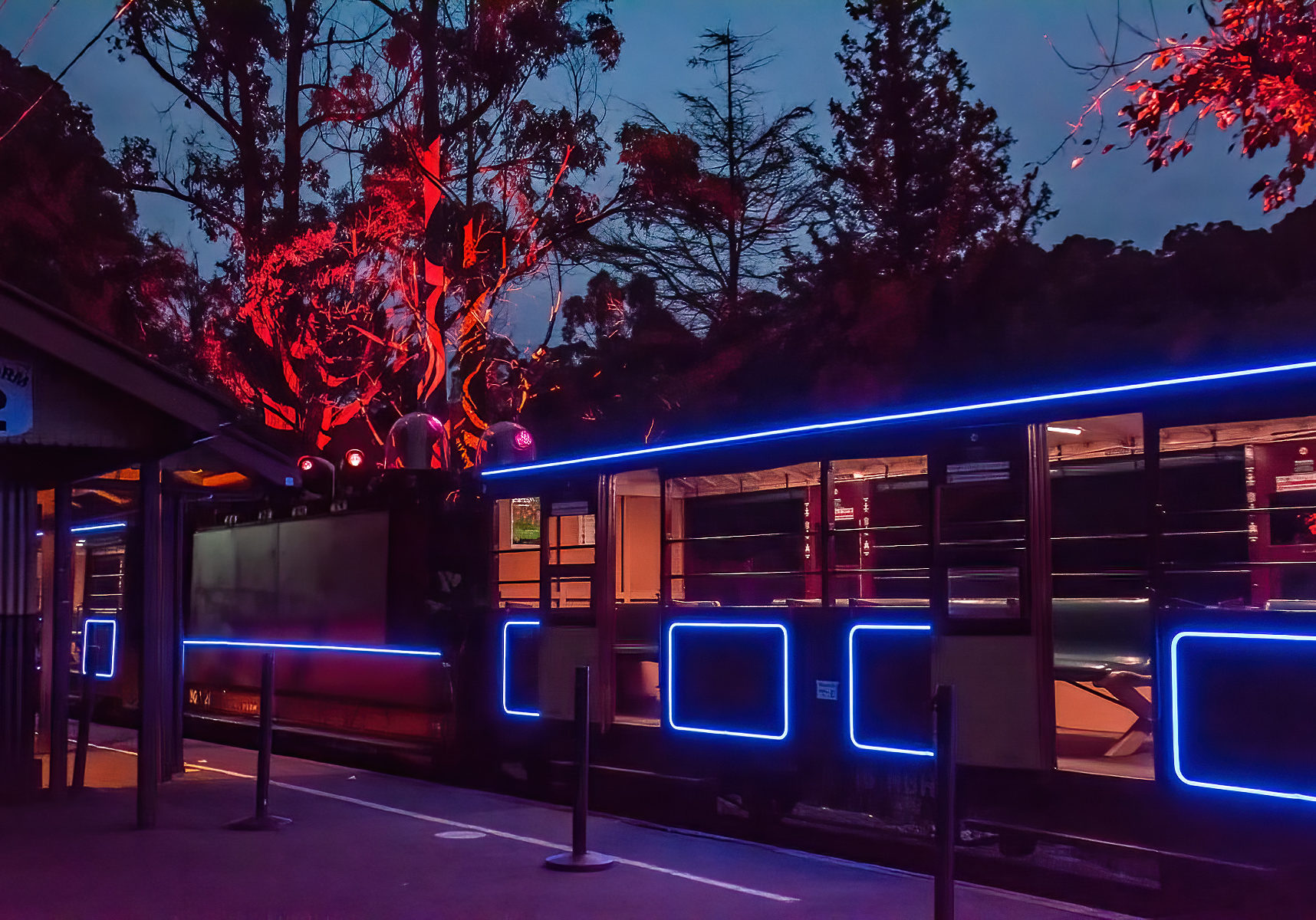 Open side carriage on a platform. The train is decorated with light installations. It is dark outside.