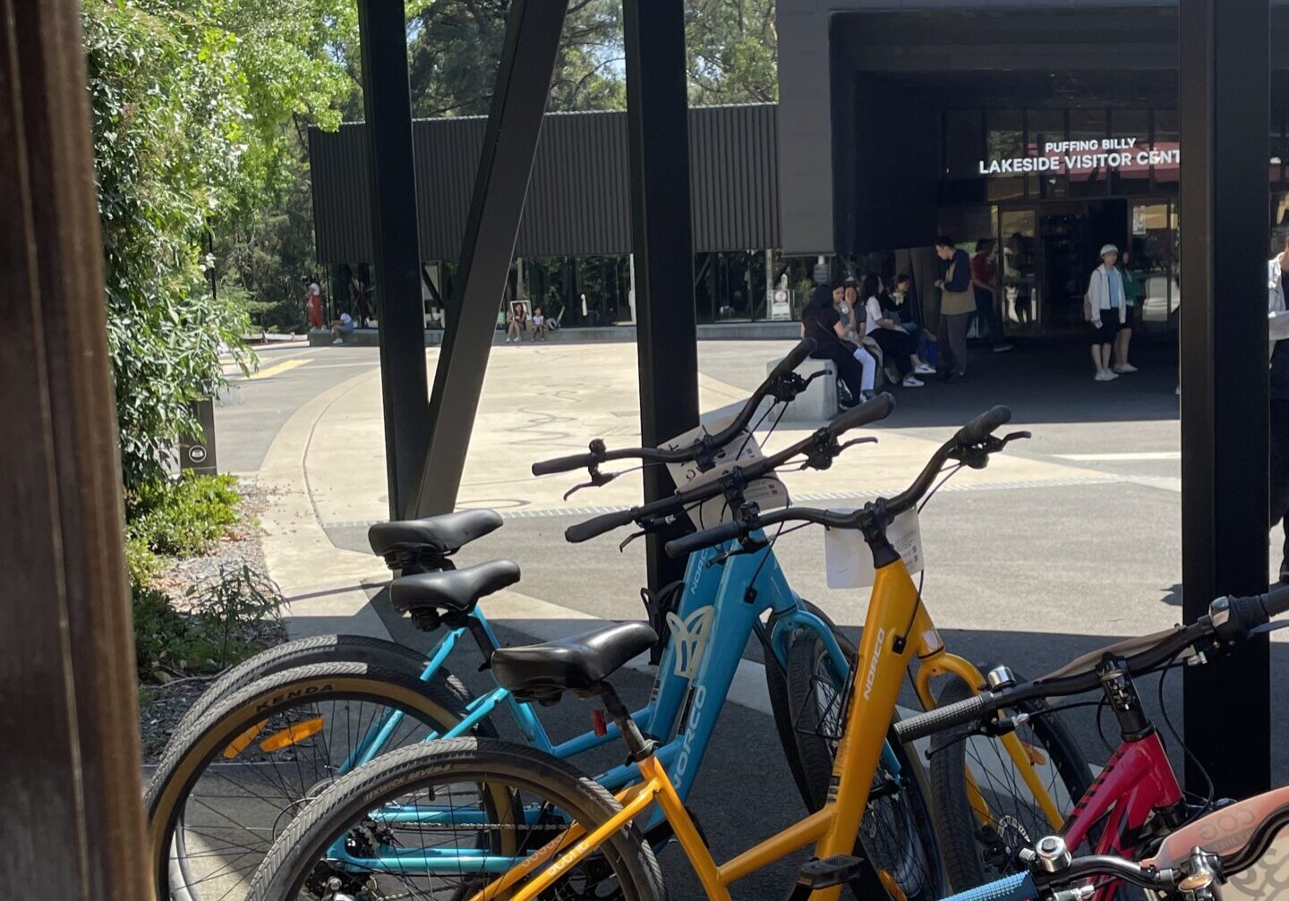 A selection of bikes parked outside the Puffing Billy Lakeside Visitor Centre.