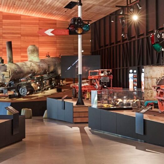 The Lakeside Hall Museum, located within the Puffing Billy Lakeside Visitor Centre. Puffing Billy's original locomotive 3A can be seen sitting on a plinth, as can a variety of other historic assets and interpretive displays. The Lakeside Hall Museum, located within the Puffing Billy Lakeside Visitor Centre. Puffing Billy's original locomotive 3A can be seen sitting on a plinth, as can a variety of other historic assets and interpretive displays.