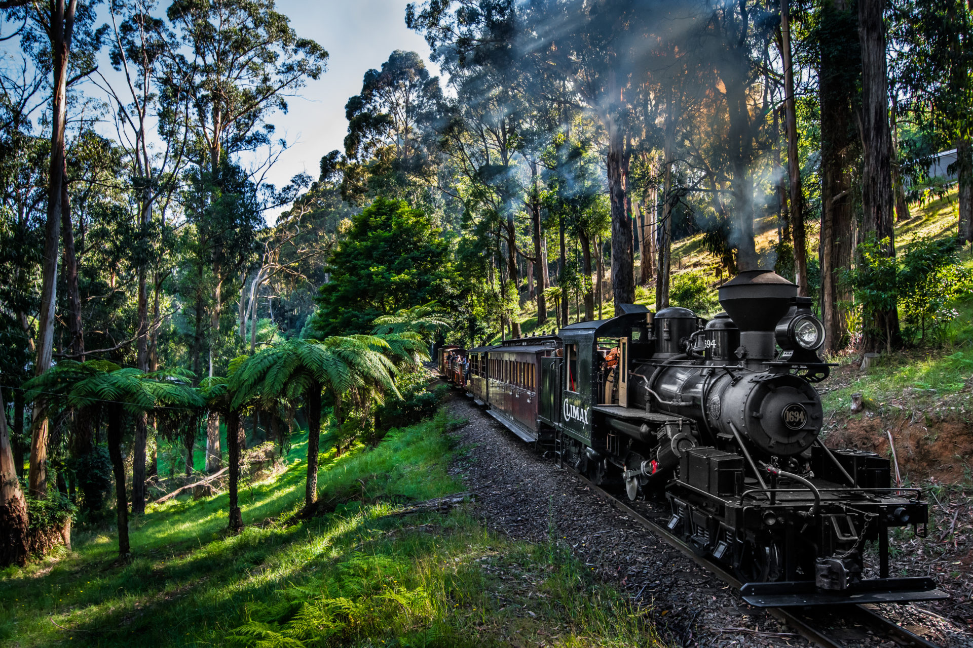 A wood fired steam locomotive travels along a railway track.