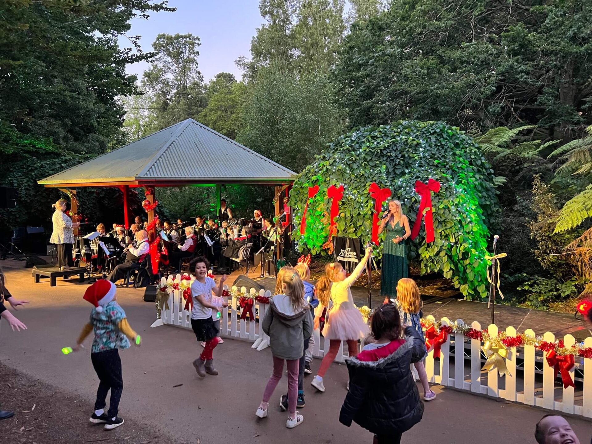 A barbeque shelter with a band playing for an audience. The area is decorated for Christmas.